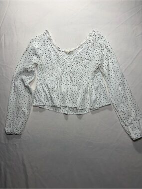 La Hearts White Long-Sleeve Smocked Polka Dot Peplum Top